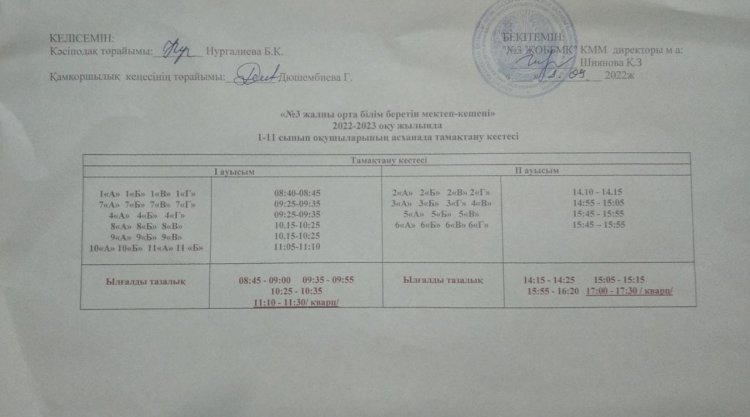 Асханада тамақтану кестесі