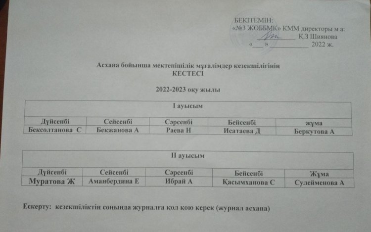 Асхана кезекшілігі кестесі