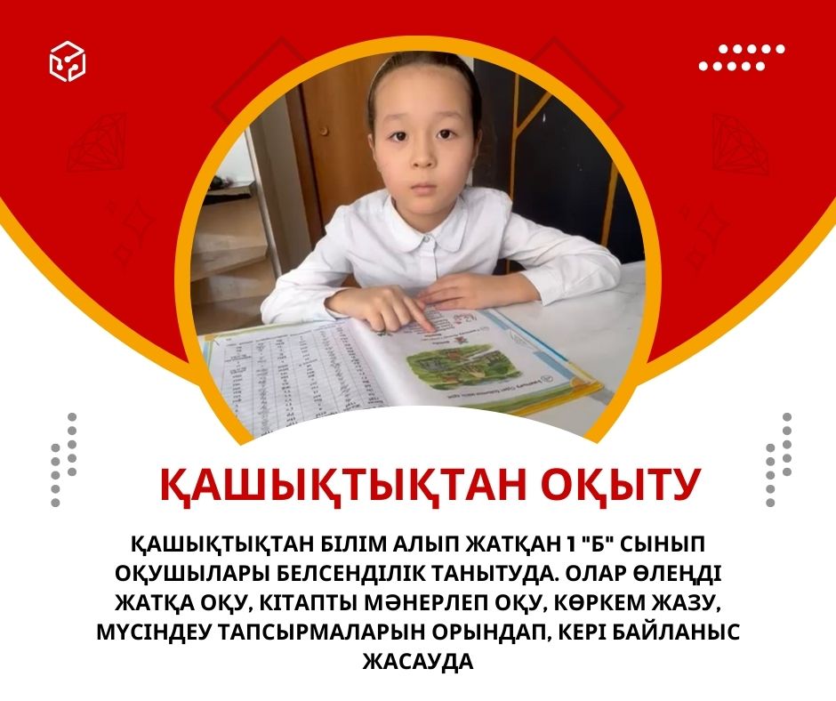 Қашықтықтан білім алып жатқан 1 "Б" сынып оқушылары белсенділік танытуда. Олар өлеңді жатқа оқу, кітапты мәнерлеп оқу, көркем жазу, мүсіндеу тапсырмаларын орындап, кері байланыс жасауда